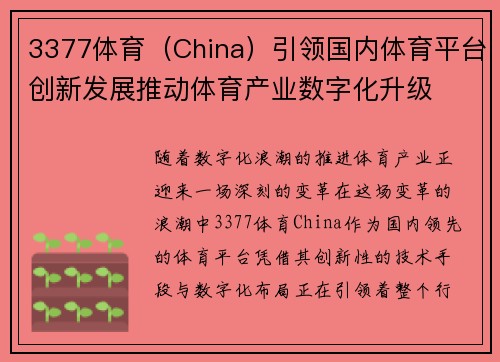 3377体育（China）引领国内体育平台创新发展推动体育产业数字化升级